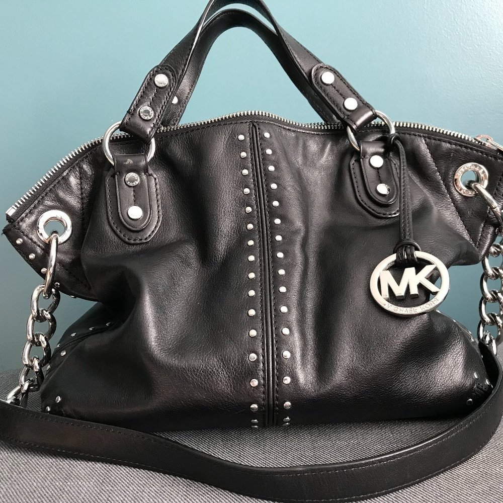 Michael Kors Shoulder Bag Uptown Astor Wide Studded Satchel Black Silver Leather
